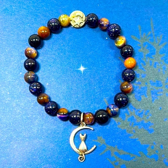 Handmade Cat & Moon Charm Bracelet with Natural Sandstone & Tiger Eye! - Picture 1 of 4